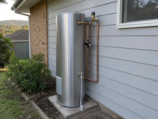 Outdoor hot water cylinder beside weatherboard wall and window with copper pipework in Berowra